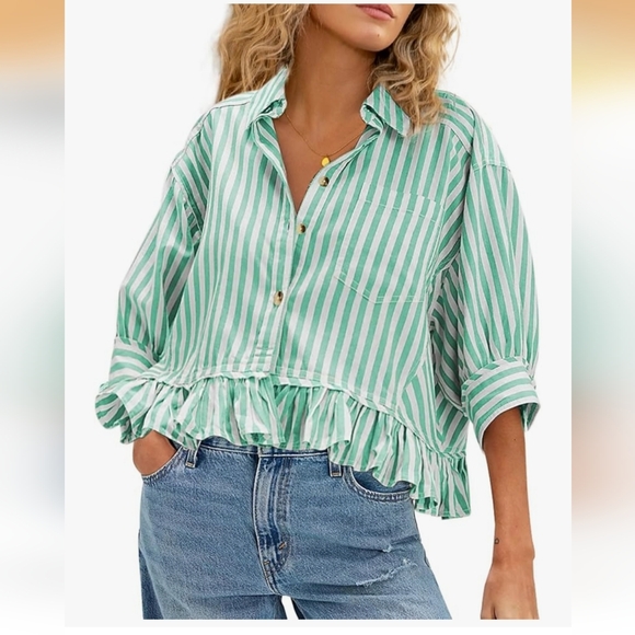 Striped Ruffle-Hem Button-Up Top - Green XL - Picture 1 of 9